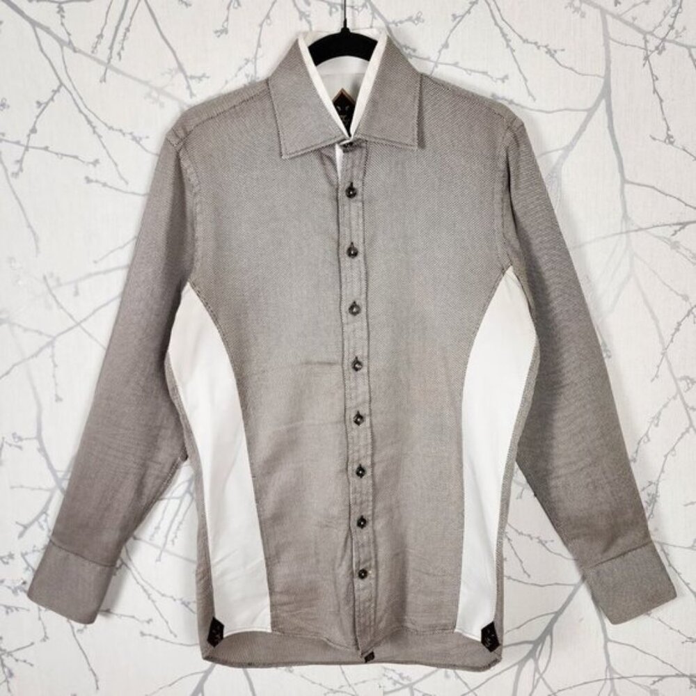 Biedermann Beige White Colorblock Woven 100% Cotton Button Front Shirt